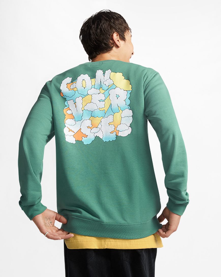 Men's Converse Cloud Graphic Long Sleeve Crew Sweatshirts Green | AU 496C1J